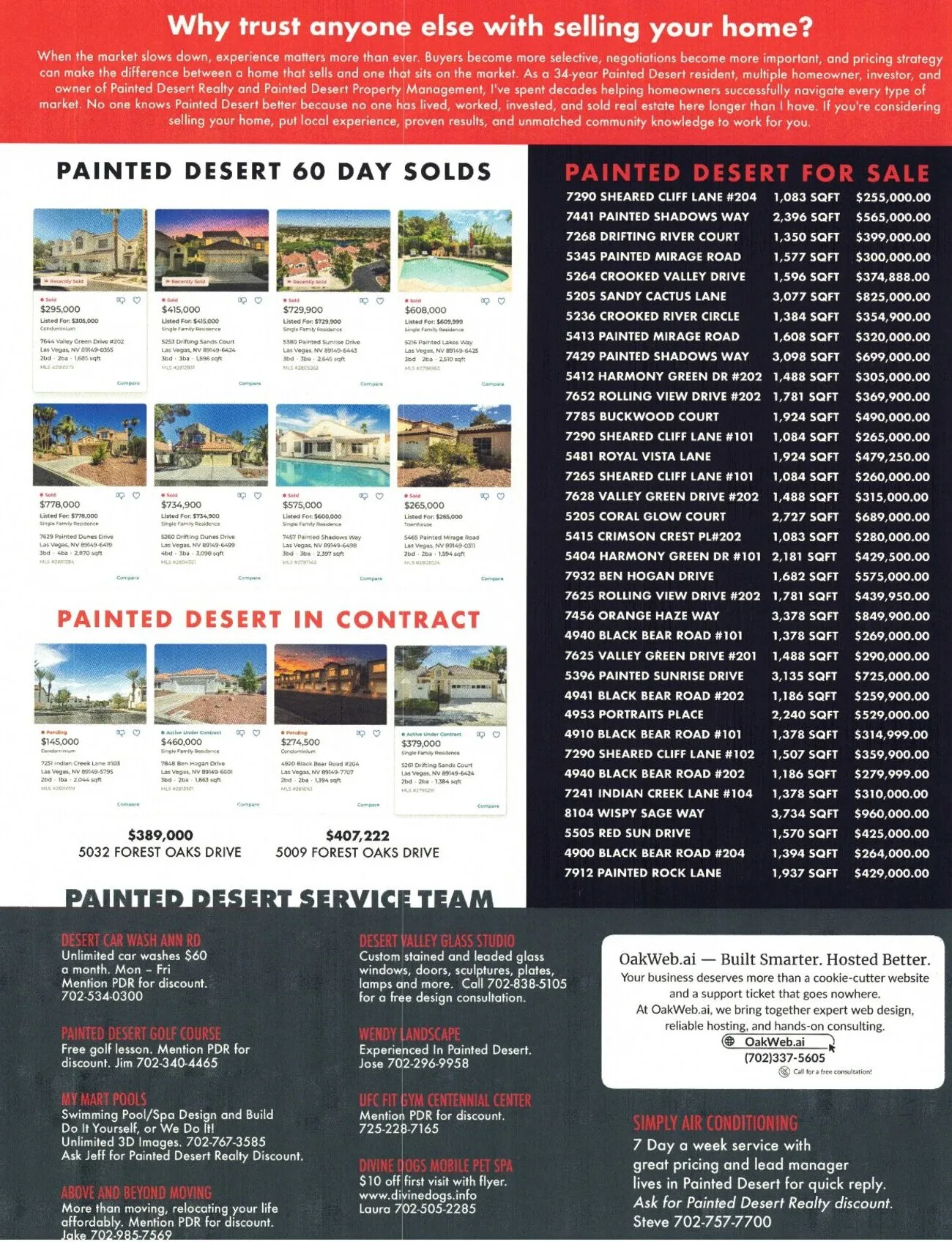 Painted Desert Realty flyer back page - recent sales, homes for sale, and local service team