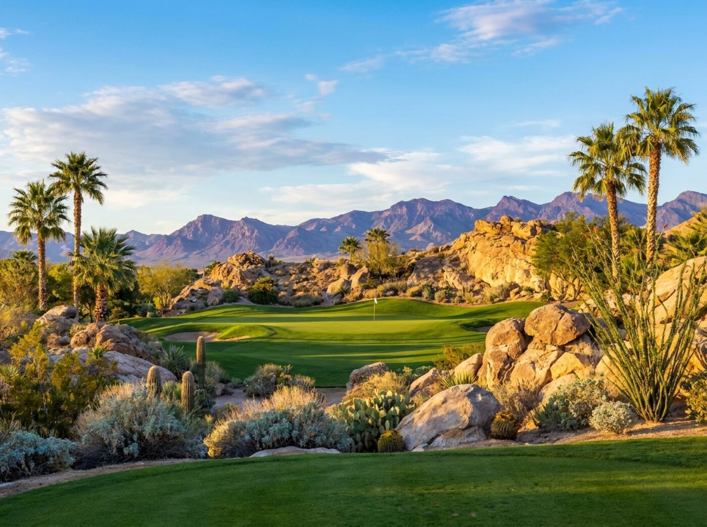 Desert golf course green and fairway at the Painted Desert Golf Club, Las Vegas