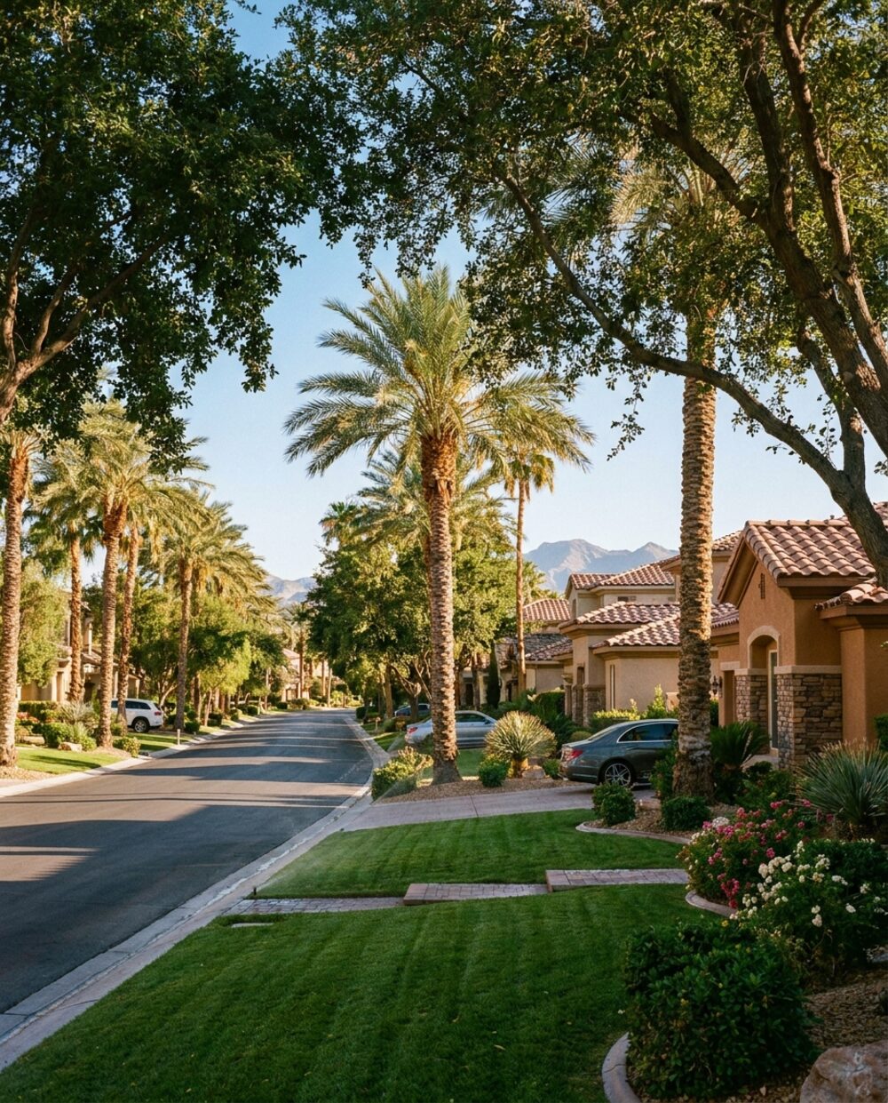 Tree-lined residential street with mature landscaping in the Painted Desert community, Las Vegas