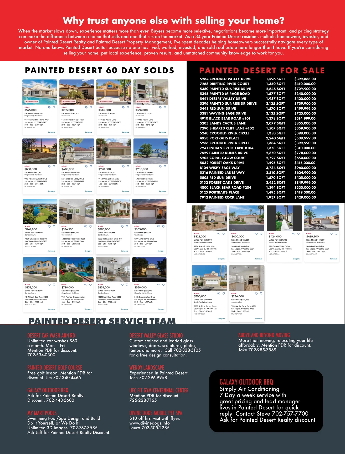August 2026 Painted Desert Realty market flyer with 60-day sold homes, homes for sale, and local service contacts
